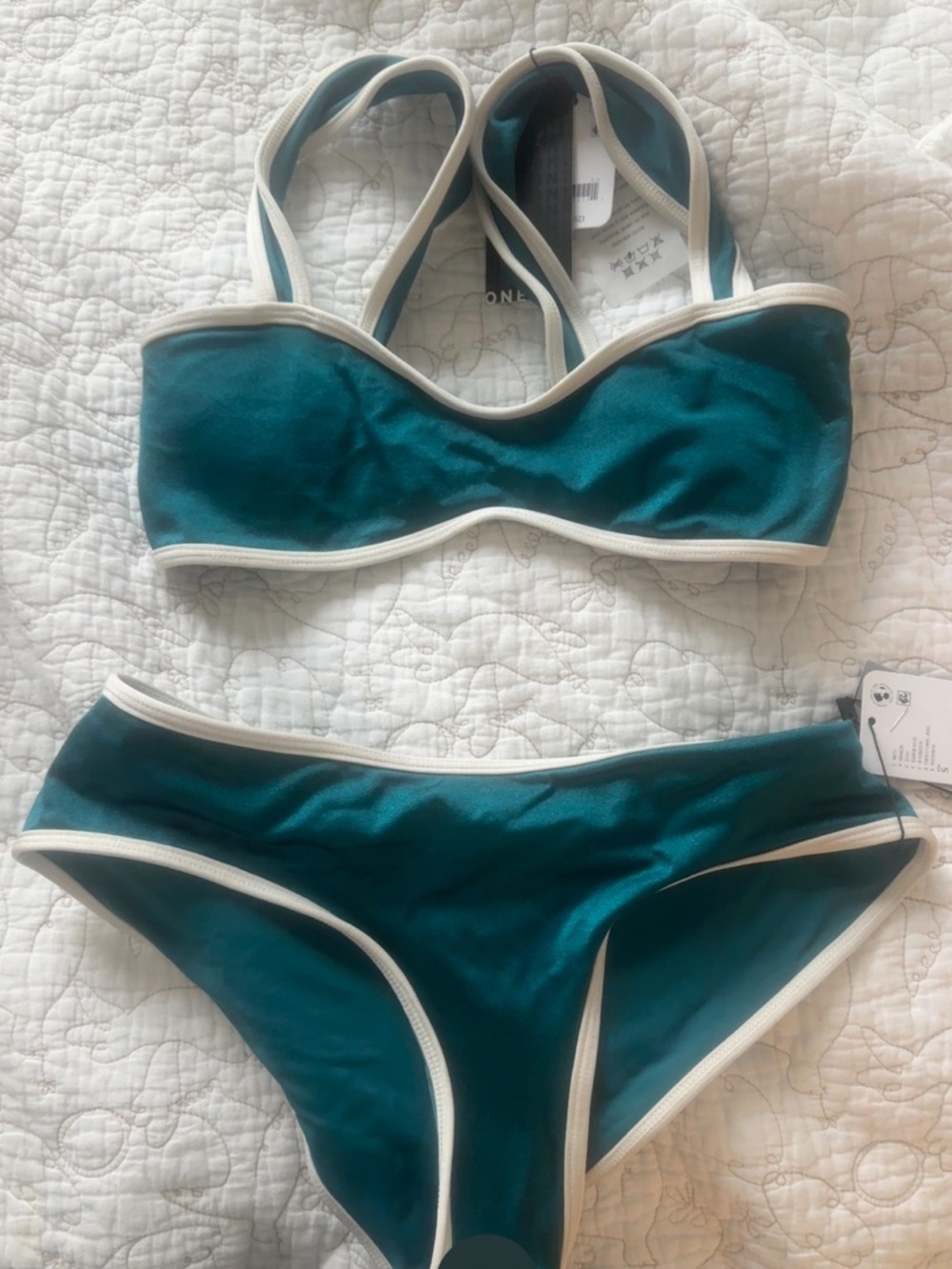 NWT Free People size S  oneone swim emerald teal Bikini Set with Cream Trim